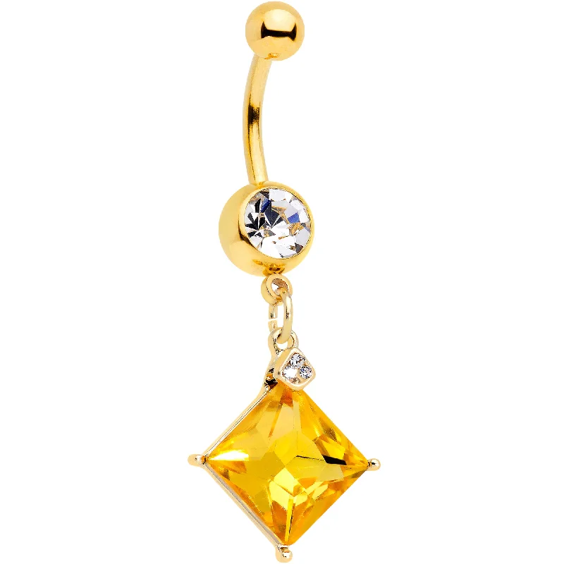 Statement Belly Rings for Bold Style -Clear Yellow Gem Gold Tone Rhombus Dangle Belly Ring Statement Belly Rings for Bold Style -Clear Yellow Gem Gold Tone Rhombus Dangle Belly Ring