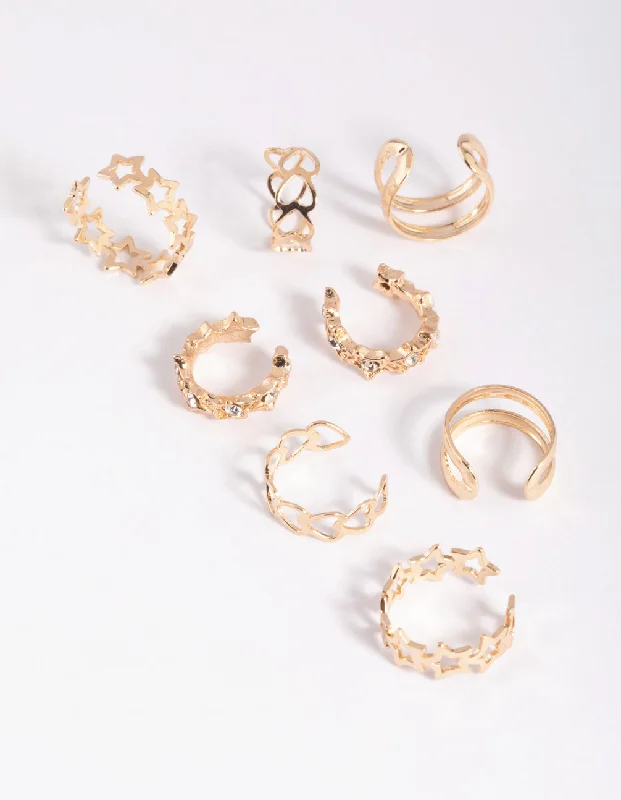 Women's Earrings – Elegant Designs for Every Personality--Gold Star & Heart Ear Cuff Earring 8-Pack