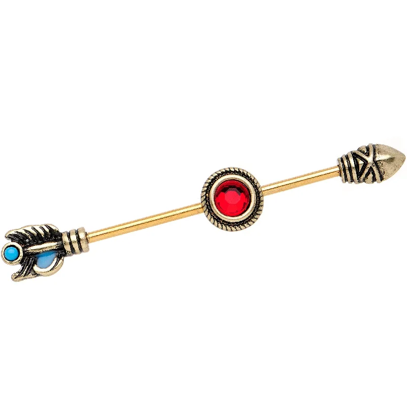 Women's Earrings – Elegant Designs for Every Personality--Red Gem Gold PVD Southwestern Sacred Spear Industrial Barbell 38mm