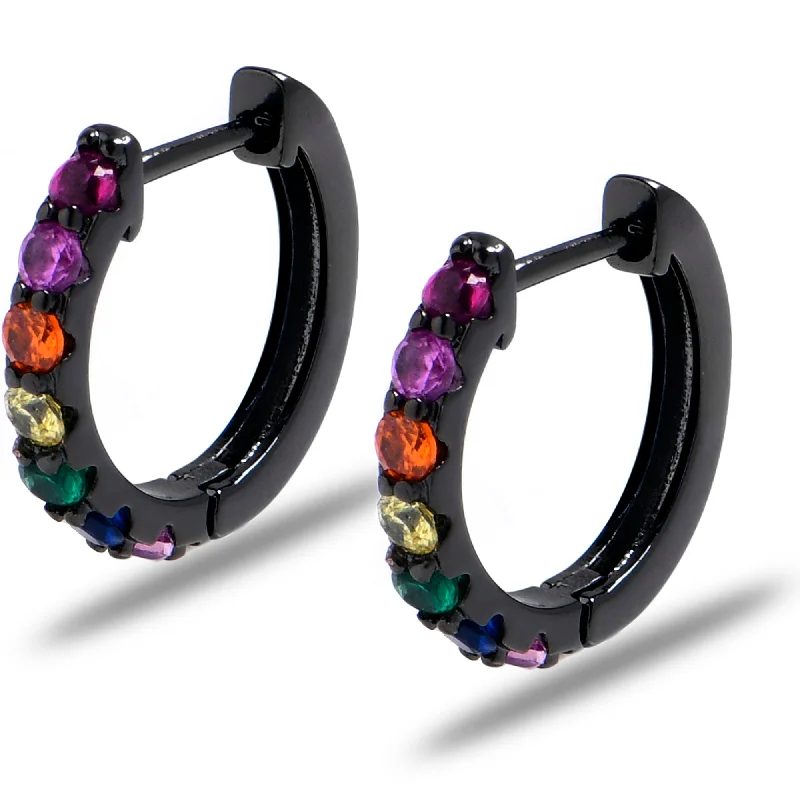 Women's Earrings – Elegant Designs for Every Personality--12mm Unisex Black Rainbow Gem Stainless Steel Hinged Huggie Hoop Earrings