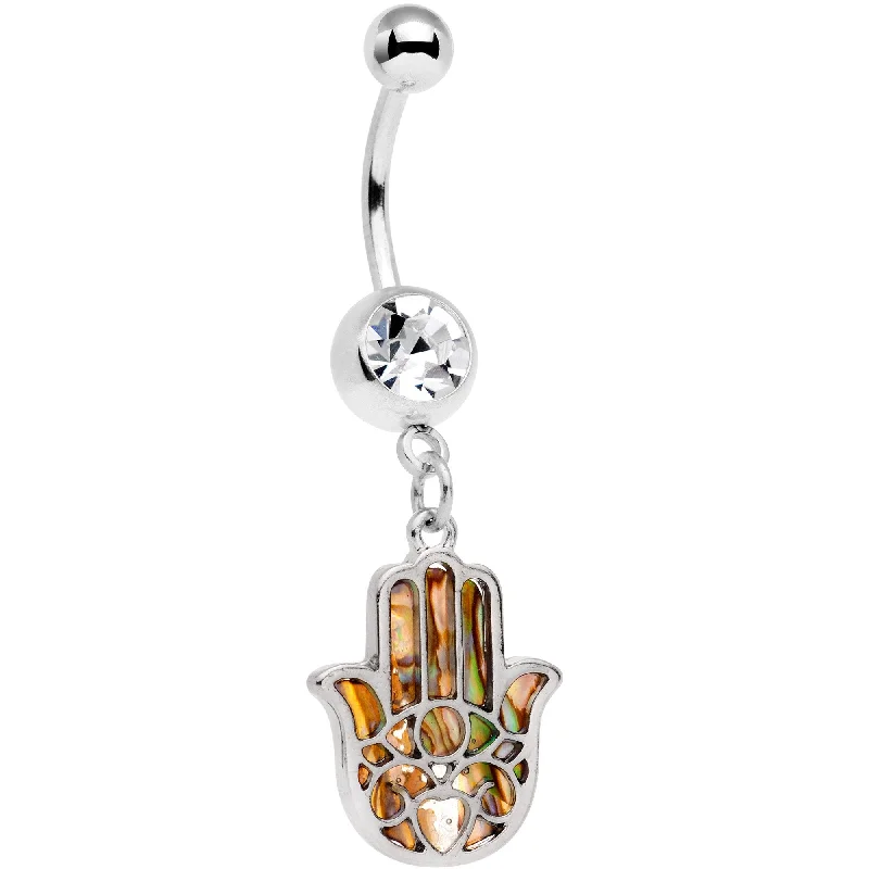 Beautiful Belly Rings for Fashion-Forward Looks -Clear Gem Iridescent Inlay Hamsa Hand Dangle Belly Ring Beautiful Belly Rings for Fashion-Forward Looks -Clear Gem Iridescent Inlay Hamsa Hand Dangle Belly Ring