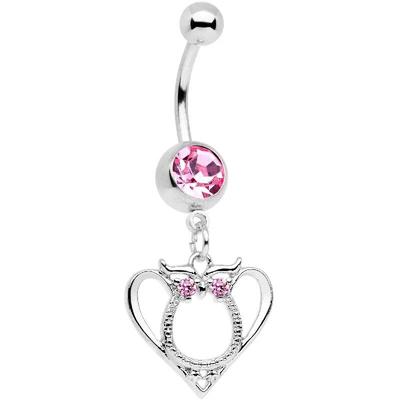 Belly Rings with Heart-Shaped Designs -Pink Gem Owl Valentines Day Heart Dangle Belly Ring Belly Rings with Heart-Shaped Designs -Pink Gem Owl Valentines Day Heart Dangle Belly Ring