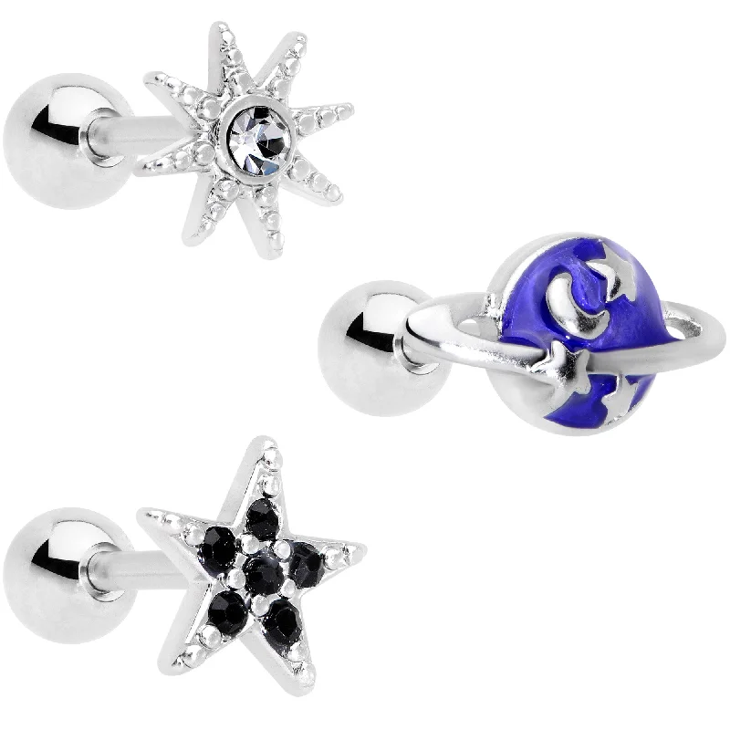 Women's Earrings – Elegant Designs for Every Personality--16 Gauge 1/4 Clear Black Gem Planet Stars Cartilage Tragus Set of 3
