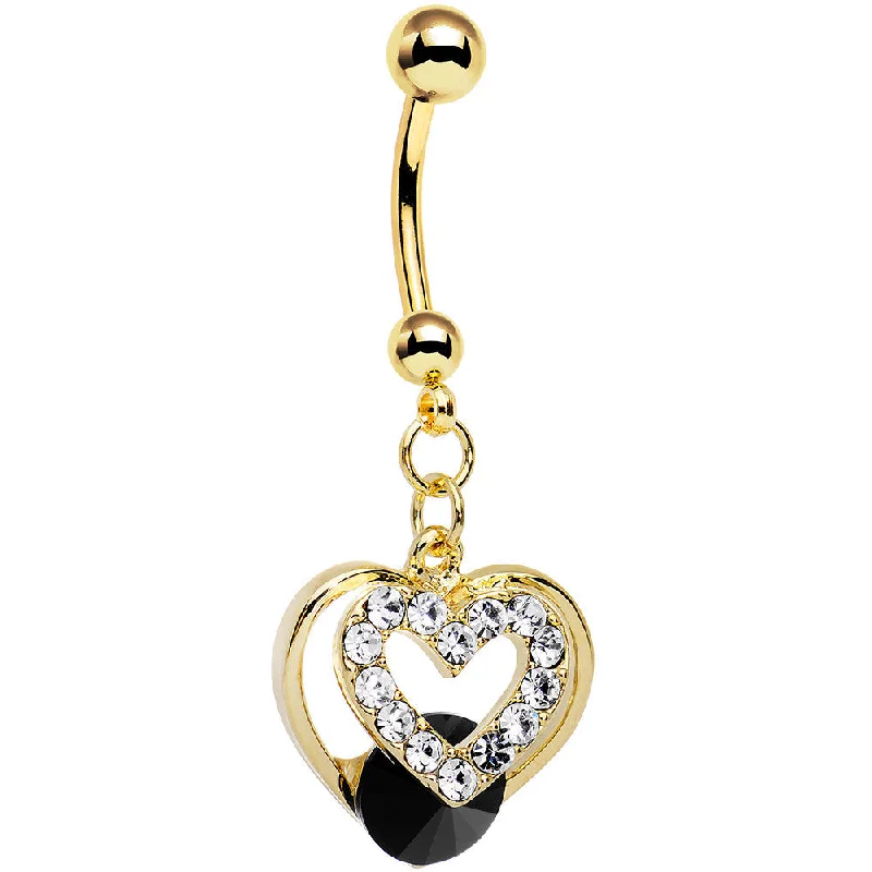 Belly Rings with Designer Finish for Exclusive Looks -Clear Black Gem Gold Anodized Steel Show Your Heart Dangle Belly Ring Belly Rings with Designer Finish for Exclusive Looks -Clear Black Gem Gold Anodized Steel Show Your Heart Dangle Belly Ring