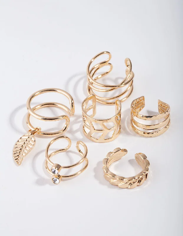 Women's Earrings – Elegant Designs for Every Personality--Gold Mix Texture Leaf 6-Pack Ear Cuff