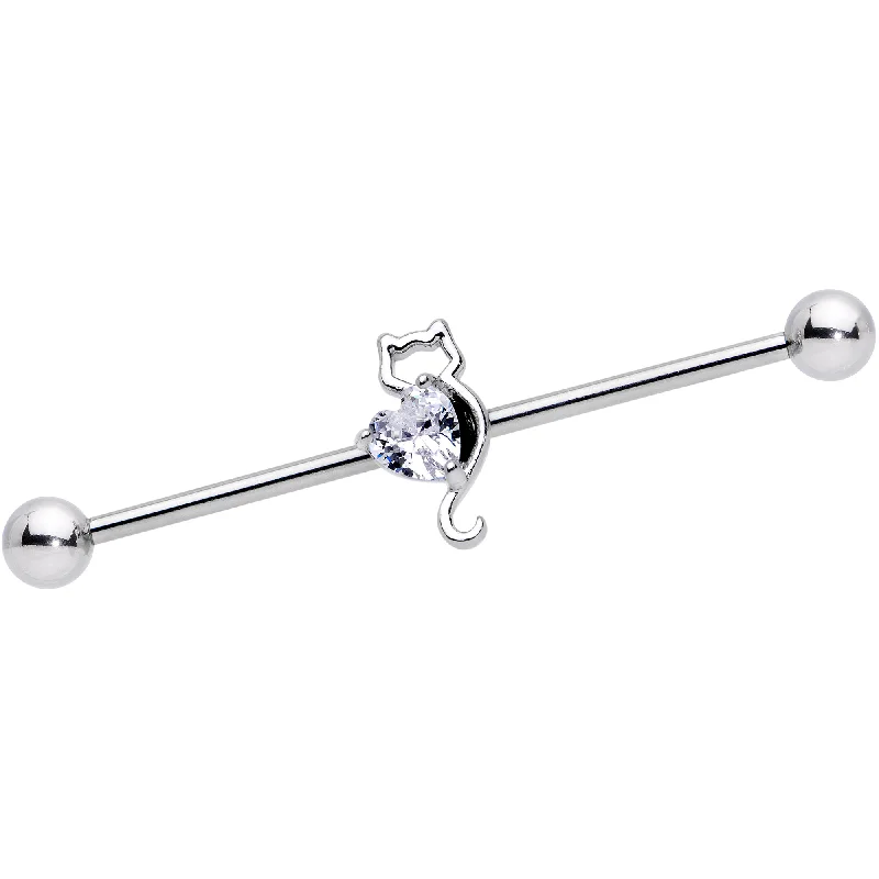 Women's Earrings – Elegant Designs for Every Personality--14 Gauge Clear Gem I Heart Kitty Cat Cats Industrial Barbell 38mm