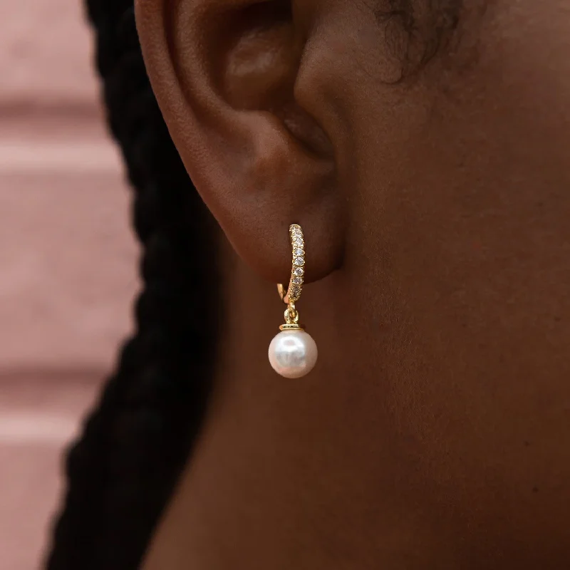 Women's Earrings – Elegant Designs for Every Personality--Pave Huggie Pearl Drop Earrings in Yellow Gold Women's Earrings – Elegant Designs for Every Personality--Pave Huggie Pearl Drop Earrings in Yellow Gold