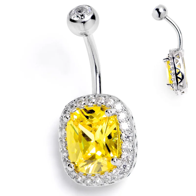 Classic Belly Rings with Simple Appeal -Clear Yellow CZ Gem Rococo Square Belly Ring Classic Belly Rings with Simple Appeal -Clear Yellow CZ Gem Rococo Square Belly Ring