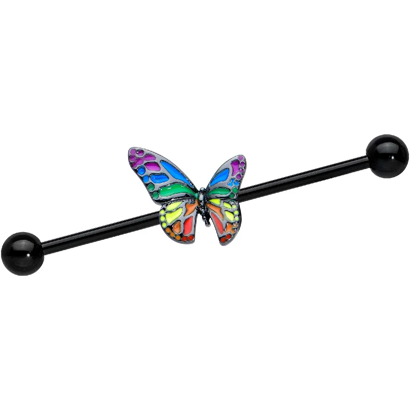 Women's Earrings – Elegant Designs for Every Personality--14 Gauge Black Rainbow Pride Butterfly Industrial Barbell 38mm