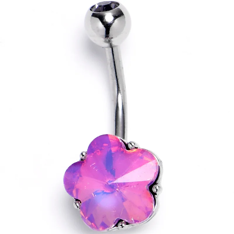 Belly Rings with Glowing Gemstones for Bold Style -Purple Delicate Blossom Flower Internally Threaded Belly Ring Belly Rings with Glowing Gemstones for Bold Style -Purple Delicate Blossom Flower Internally Threaded Belly Ring