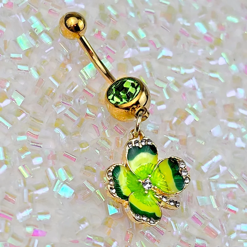 Designer Belly Rings with Stunning Finish -Clear Green Gem Gold Tone Lucky Shamrock Dangle Belly Ring Designer Belly Rings with Stunning Finish -Clear Green Gem Gold Tone Lucky Shamrock Dangle Belly Ring