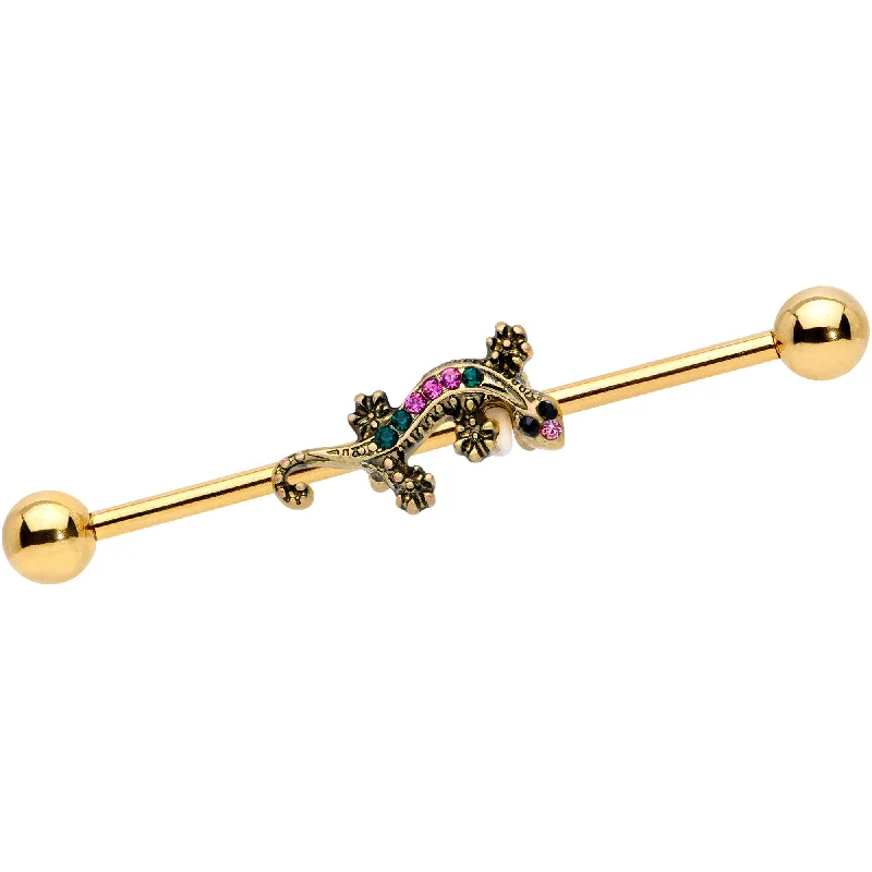 Women's Earrings – Elegant Designs for Every Personality--14 Gauge Pink Aqua Gem Gold Tone Lizard Industrial Barbell 38mm