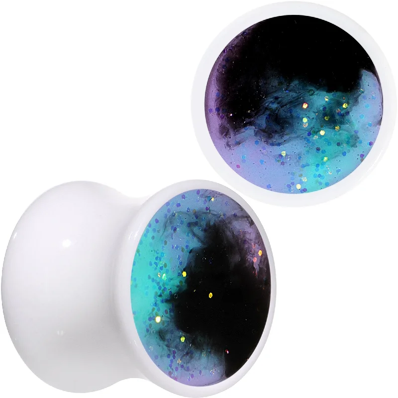 Women's Earrings – Elegant Designs for Every Personality--Deep Space Galaxy White Acrylic Saddle Plug Set Available Sizes 0 Gauge to 20mm