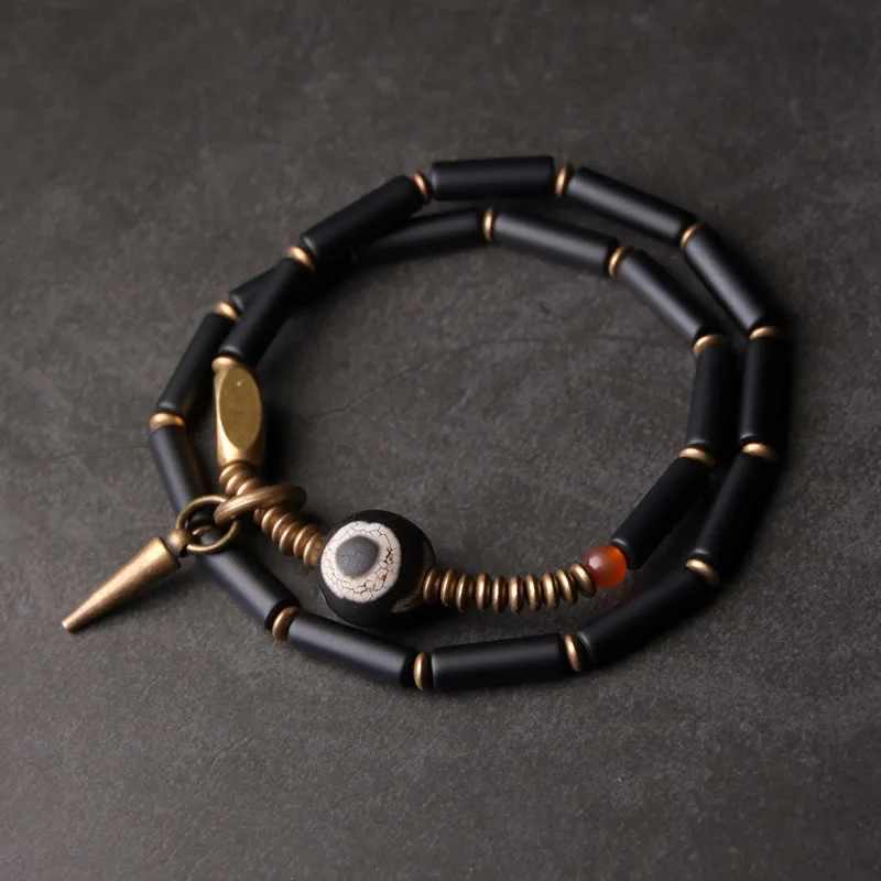 Men's Friendship Bracelets-Buddha Stones Black Onyx Copper Dzi Bead Cone Pendant Double Wrap Protection Bracelet Men's Friendship Bracelets-Buddha Stones Black Onyx Copper Dzi Bead Cone Pendant Double Wrap Protection Bracelet