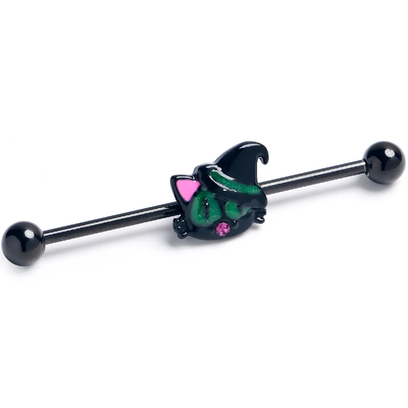 Women's Earrings – Elegant Designs for Every Personality--14 Gauge Pink Gem Black Halloween Hat Cat Industrial Barbell 38mm