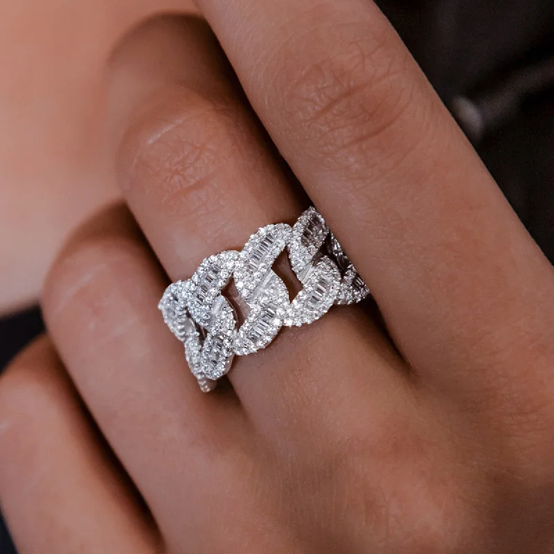 Chic Women's Rings for Fashion-Forward Looks-Iced Baguette Cuban Ring in White Gold Vermeil Chic Women's Rings for Fashion-Forward Looks-Iced Baguette Cuban Ring in White Gold Vermeil