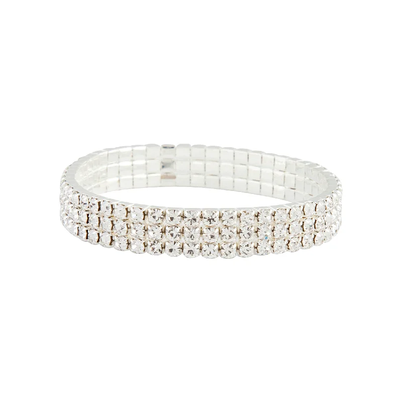 Colorful Crystal Bangles for Women-Silver Stretch Three Row Diamante Bracelet