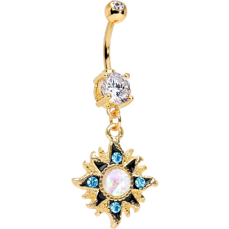 Designer Belly Rings with Stunning Finish -Clear Accent Gold Anodized Aurora Blue Gem Starburst Dangle Belly Ring Designer Belly Rings with Stunning Finish -Clear Accent Gold Anodized Aurora Blue Gem Starburst Dangle Belly Ring