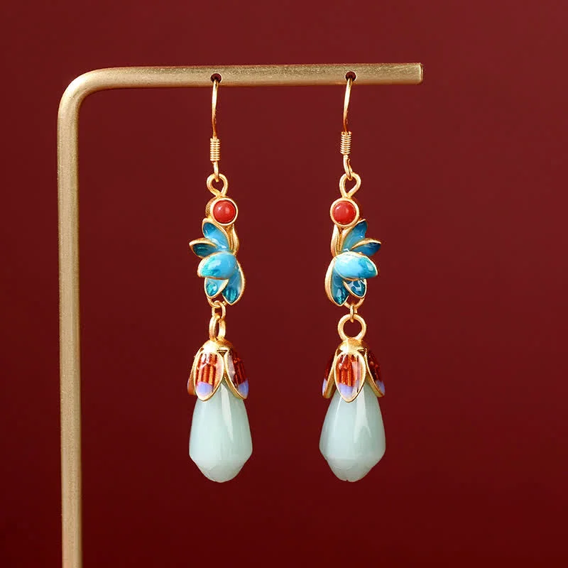 Women's Earrings – Elegant Designs for Every Personality--Buddha Stones Magnolia Flower Jade Pattern Luck Prosperity Drop Dangle Earrings
