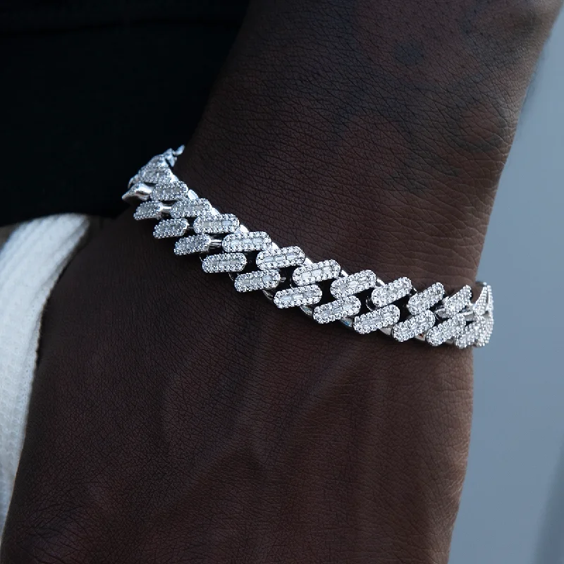 Men's Casual Bracelets-Diamond Baguette Cuban Bracelet in White Gold - 12mm