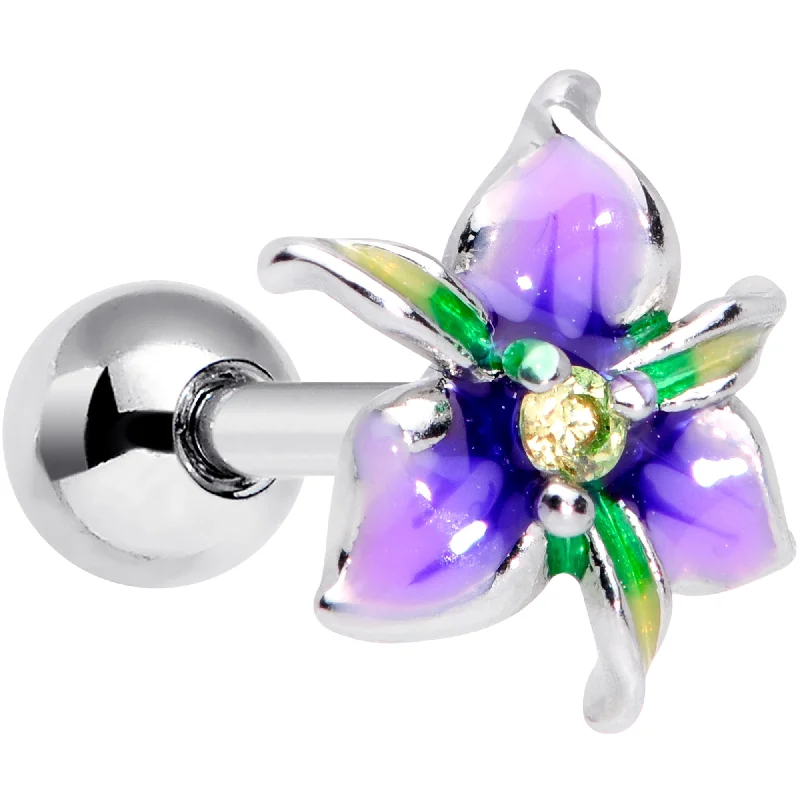 Women's Earrings – Elegant Designs for Every Personality--16 Gauge 1/4 Clear Gem Exotic Purple Flower Cartilage Tragus Earring