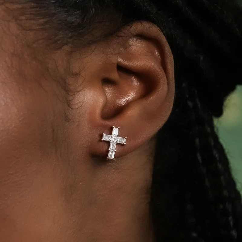 Women's Earrings – Elegant Designs for Every Personality--Diamond Baguette Cross Stud Earrings in White Gold
