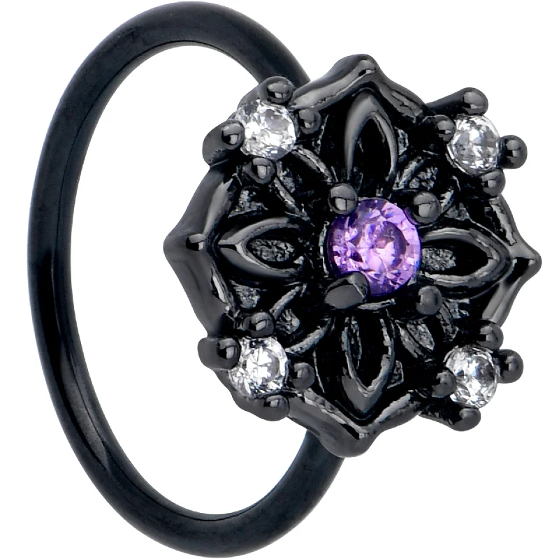 Nose Rings with Multi-Colored Stones -20 Gauge 5/16 Purple CZ Gem Black Flower Ring Nose Hoop Nose Rings with Multi-Colored Stones -20 Gauge 5/16 Purple CZ Gem Black Flower Ring Nose Hoop