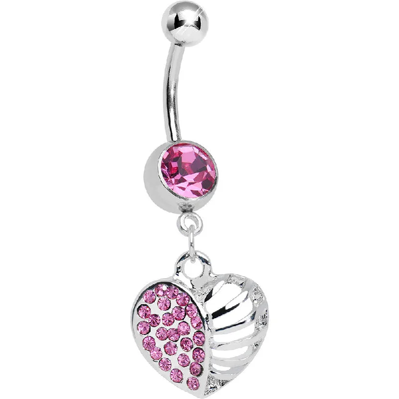 Custom Belly Rings for Fashionable Touch -Pink Gem Paved Cage Heart Dangle Belly Ring Custom Belly Rings for Fashionable Touch -Pink Gem Paved Cage Heart Dangle Belly Ring