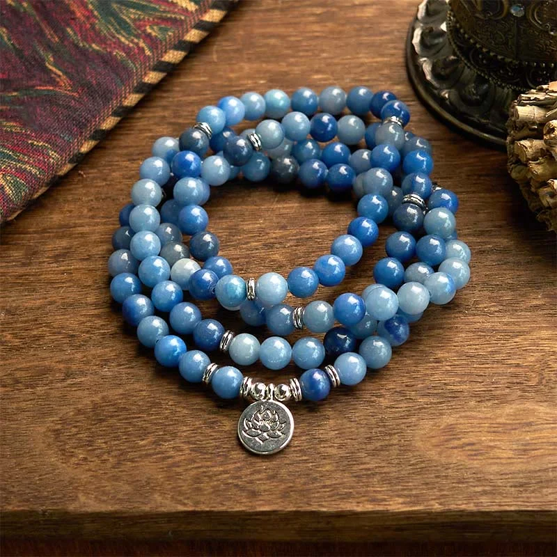 Men's Sleek Leather Cuff Bracelets-Buddha Stones 108 Mala Beads Multi-layer Natural Blue Aventurine Lotus Calm Bracelet Men's Sleek Leather Cuff Bracelets-Buddha Stones 108 Mala Beads Multi-layer Natural Blue Aventurine Lotus Calm Bracelet