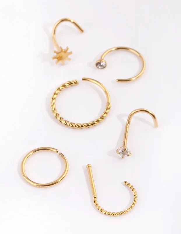 Nose Rings for Casual Wear -Gold Plated Surgical Steel Diamante Twist Nose Stud 6-Pack Nose Rings for Casual Wear -Gold Plated Surgical Steel Diamante Twist Nose Stud 6-Pack