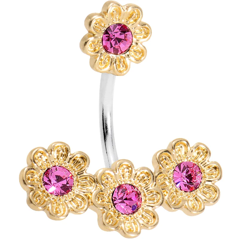 Comfortable Belly Rings with Custom Fit -Pink Gem Golden Flower Power Double Mount Belly Ring Comfortable Belly Rings with Custom Fit -Pink Gem Golden Flower Power Double Mount Belly Ring