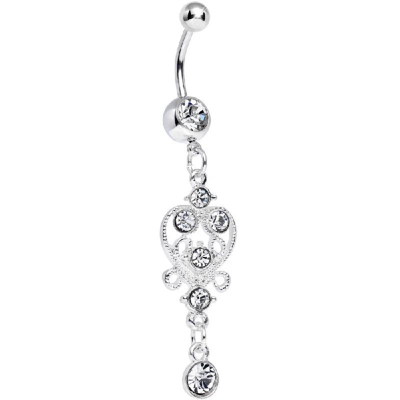 Designer Belly Rings for Glamorous Appeal -Clear Gem Lavish Scrollwork Heart Dangle Belly Ring Designer Belly Rings for Glamorous Appeal -Clear Gem Lavish Scrollwork Heart Dangle Belly Ring