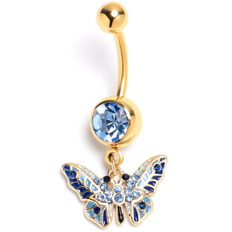 Unique Belly Rings for Bold Style -Blue Gem Gold Tone Evening Butterfly Dangle Belly Ring Unique Belly Rings for Bold Style -Blue Gem Gold Tone Evening Butterfly Dangle Belly Ring