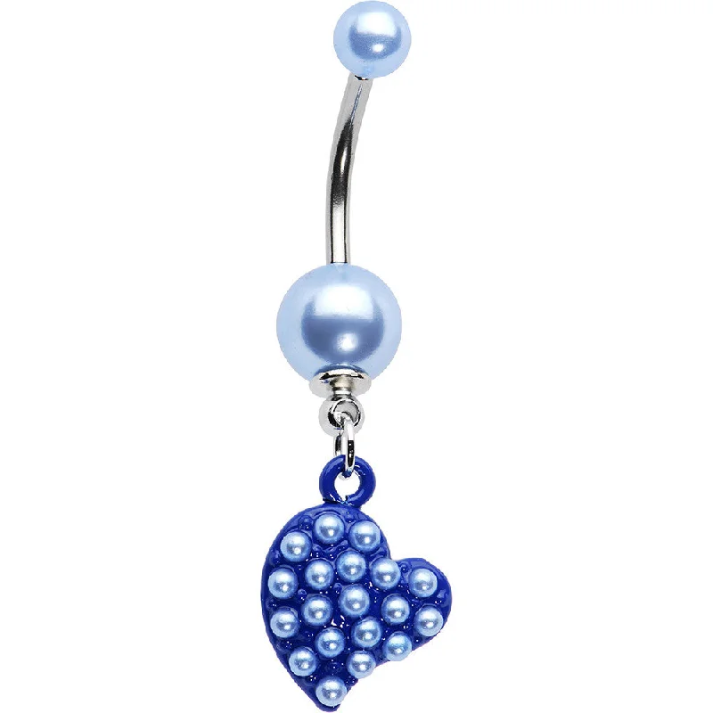 Designer Belly Rings for Glamorous Looks -Blue Faux Pearl Heart Dangle Belly Ring