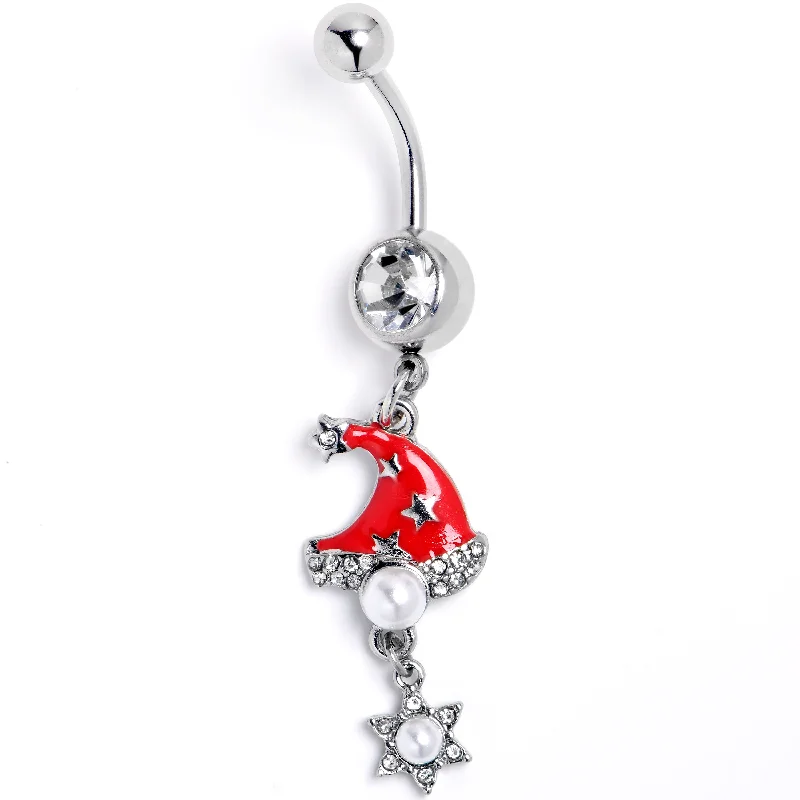 Belly Rings for Special Occasions -Clear Gem Santa Hat Stars Red Dangle Belly Ring