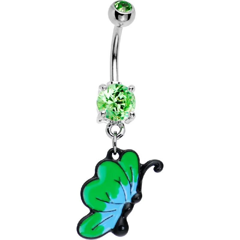 Trendy Belly Rings for Exclusive Fashion -Peridot Green CZ Chromatic Butterfly Belly Ring Trendy Belly Rings for Exclusive Fashion -Peridot Green CZ Chromatic Butterfly Belly Ring