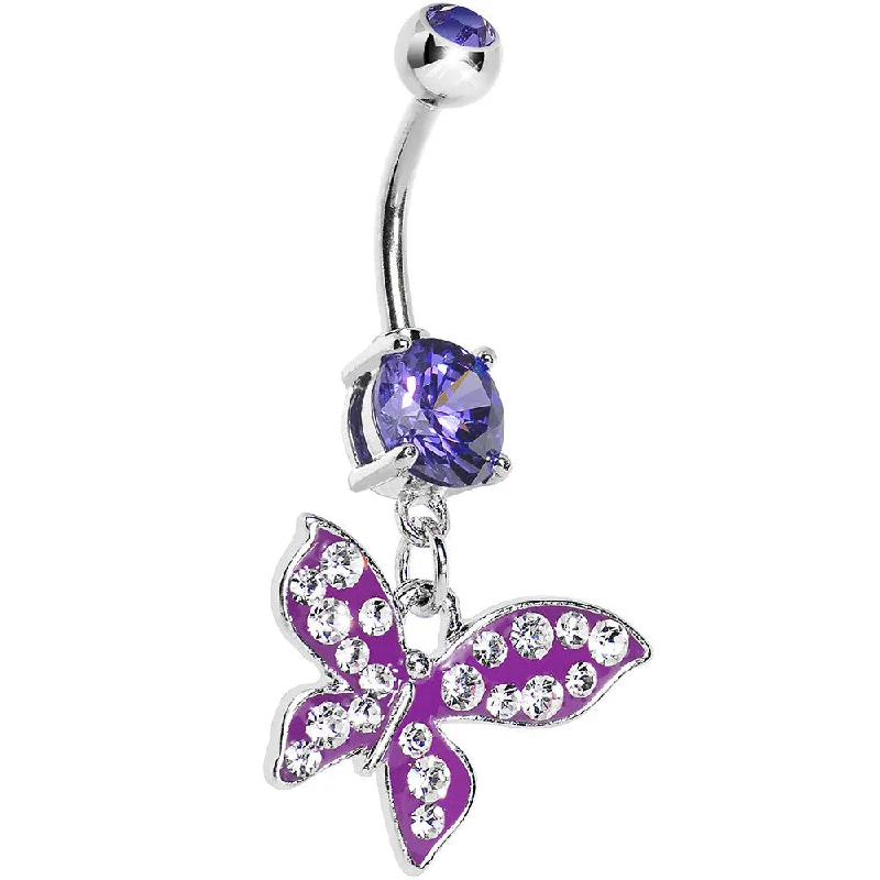 Trendy Belly Rings for Bold Fashion -Violet Gem Paved Flyaway Butterfly Belly Ring