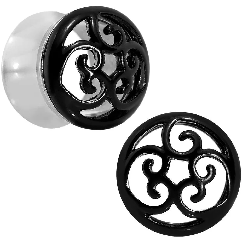 Women's Earrings – Elegant Designs for Every Personality--9/16 Steel Black Filigree Duet Heart Saddle Plug Set Women's Earrings – Elegant Designs for Every Personality--9/16 Steel Black Filigree Duet Heart Saddle Plug Set