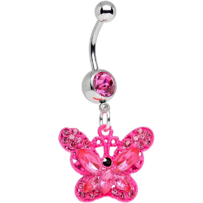 Custom Belly Rings for Personalized Style -Pink Gem Passionately Pink Butterfly Dangle Belly Ring Custom Belly Rings for Personalized Style -Pink Gem Passionately Pink Butterfly Dangle Belly Ring