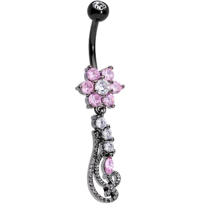 Stunning Belly Rings for Bold Fashion Statements -Clear Pink CZ Black Anodized Floral Flourish Dangle Belly Ring
