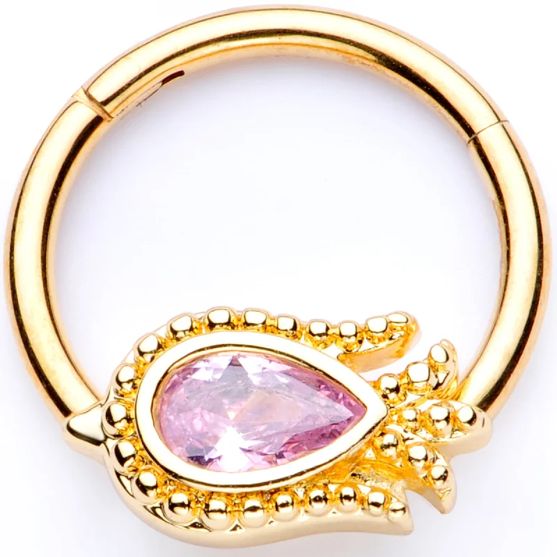Custom Lip Rings for a Bold Fashion Statement16 Gauge 3/8 Pink Gem Gold Tone Tulip Flower Hinged Segment Ring
