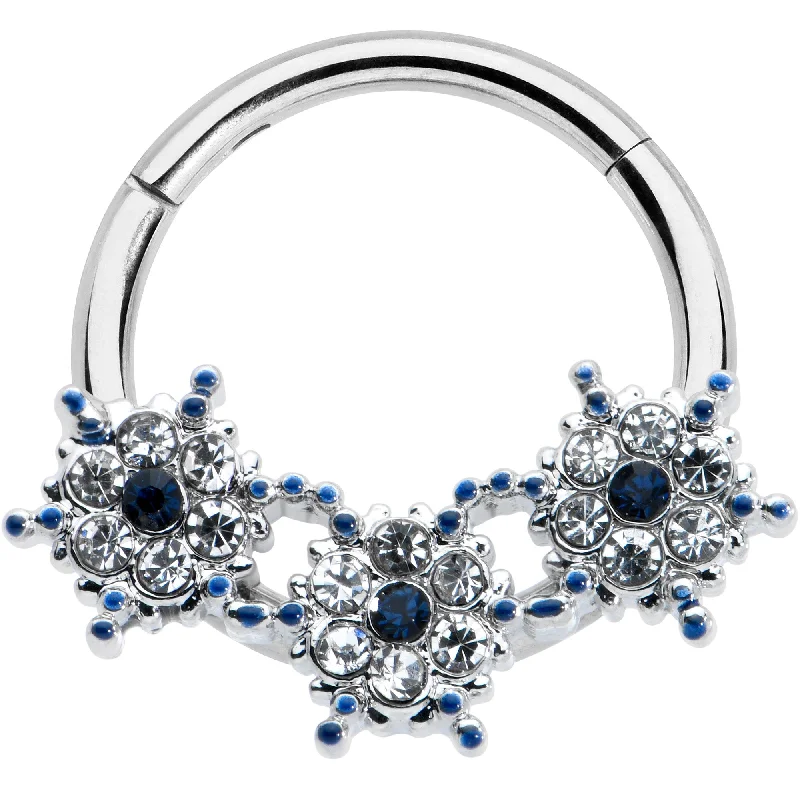 Trendy Gold Nose Rings -16 Gauge 3/8 Clear Blue Gem Festive Trio Snowflake Hinged Segment Ring Trendy Gold Nose Rings -16 Gauge 3/8 Clear Blue Gem Festive Trio Snowflake Hinged Segment Ring