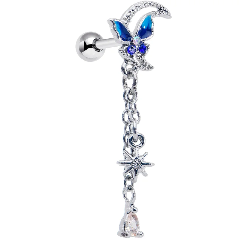 Women's Earrings – Elegant Designs for Every Personality--16 Gauge 1/4 Clear Gem Butterfly Blue Beauty Dangle Cartilage Earring