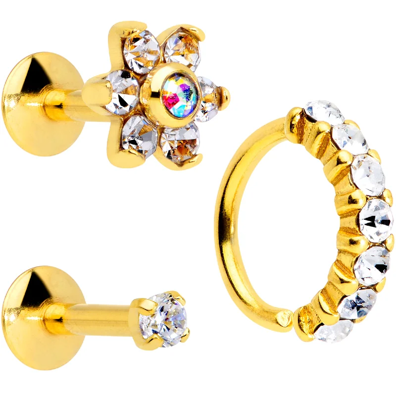 Lip Rings with Multicolored Stones16 Gauge Clear CZ Gem Gold Tone Cartilage Labret Closure Ring Set of 3
