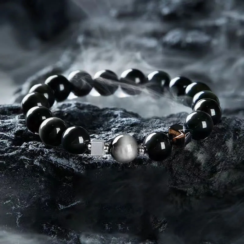 Silver Chain Bracelets for Men-Buddha Stones Black Obsidian Eagle's Eye Stone Gold Sheen Obsidian Tiger's Eye Strength Bracelet Silver Chain Bracelets for Men-Buddha Stones Black Obsidian Eagle's Eye Stone Gold Sheen Obsidian Tiger's Eye Strength Bracelet