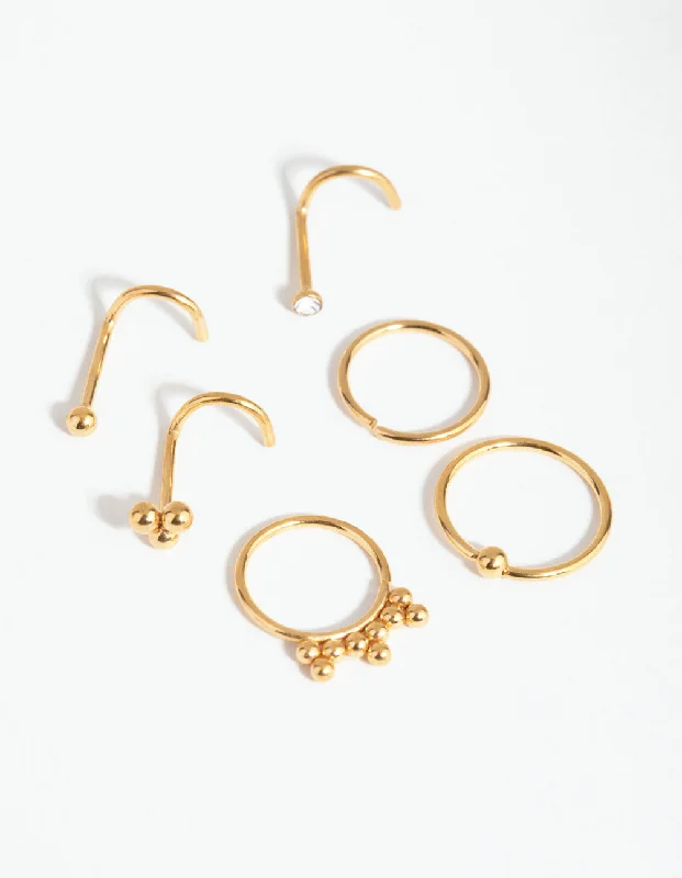 Cute Hoop Nose Rings -Gold Surgical Steel Ball Cluster Nose Stud 6-Pack