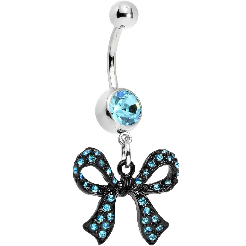 Beautiful Belly Rings with Polished Shine -Aqua Gem Paved Black Girly Bow Dangle Belly Ring Beautiful Belly Rings with Polished Shine -Aqua Gem Paved Black Girly Bow Dangle Belly Ring