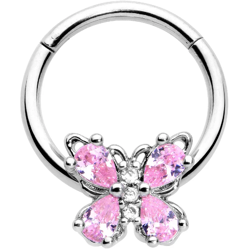 Women's Earrings – Elegant Designs for Every Personality--16 Gauge 3/8 Pink Gem Baroque Beauty Butterfly Hinged Segment Ring