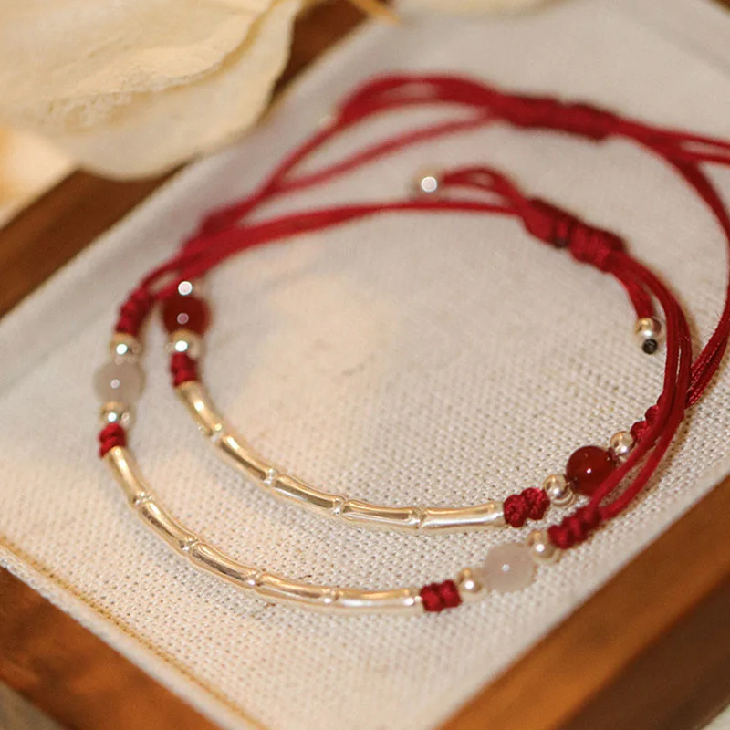 Men's Bracelets with Unique Designs-Buddha Stones 925 Sterling Silver Bamboo White Agate Red Agate Bead Protection String Braided Bracelet Men's Bracelets with Unique Designs-Buddha Stones 925 Sterling Silver Bamboo White Agate Red Agate Bead Protection String Braided Bracelet