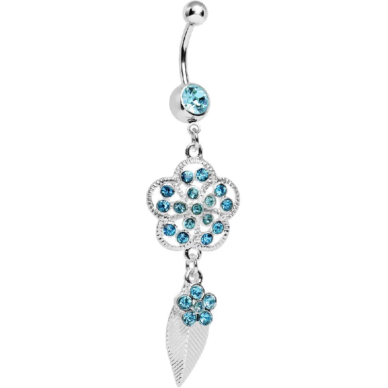 Belly Rings with Modern and Chic Styles -Aqua Gem Flower Falling Leaf Belly Ring